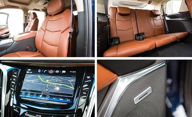 Escalade interior details: leather seats, screen, and Bose speaker